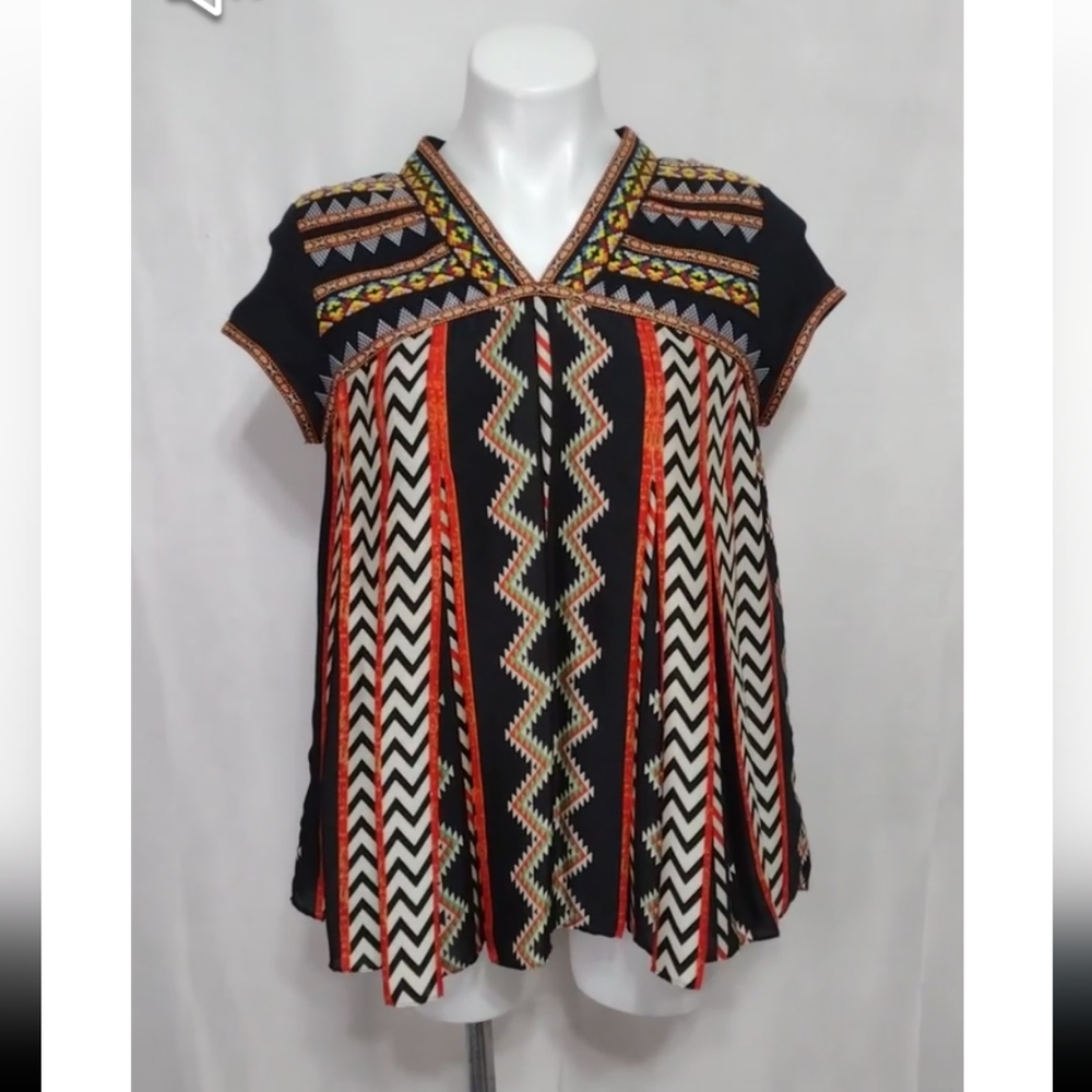 Ranna Gill Anthropologie Embroidered A-Line Boho Luxe Artisan Cap Sleeve Blouse